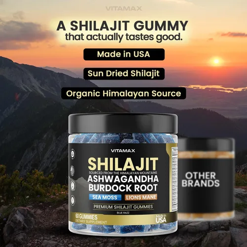 Vista 5 de Gomitas Shilajit orgánicas, musgo marino, Ashwagandha, más de 105 minerales traza - Raíz de bardana orgánica y Hongo Melena de León - Blue Razz