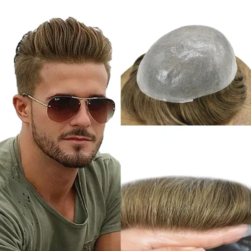 Vista 42 de Pieza de pelo para hombre, sistema de reemplazo de cabello de piel ultra fina para hombres, pieza de pelo de tupé para hombres, cabello humano real