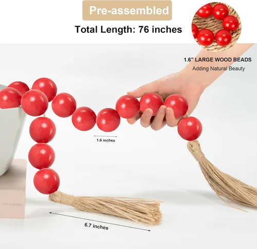 Vista 179 de OMISHE Guirnalda de cuentas de madera extra grande con cuentas de madera y borlas de 1.6 pulgadas de diámetro, cuentas decorativas rústicas de 41