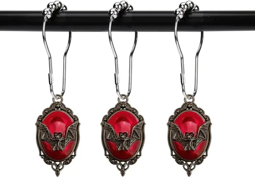 Vista 7 de Juego de 12 anillos de ganchos para cortina de ducha, murciélagos vampiros góticos, suministros para fiesta de Halloween, decoración de casa Fondo