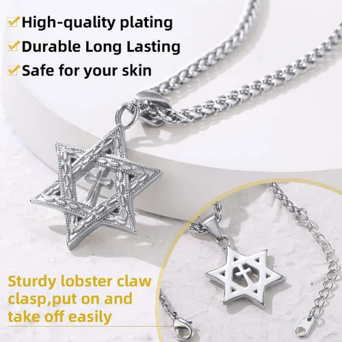 Vista 4 de GOLDCHIC JEWELRY David Star Necklace for Men, Stainless Steel Cross Pendant Jewish Israel Jewelry with Water Wave Chain