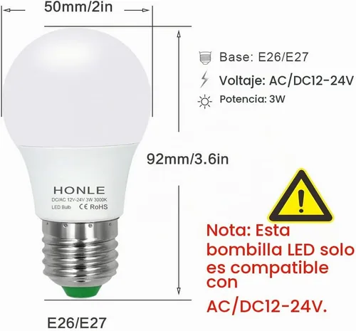 Vista 2 de Bombillas LED E26 de 12 a 24 V CA/CC, 3 W, bajo voltaje, blanco cálido, 3000 K, E27 Edison, base de tornillo estándar, equivalente a 25 W