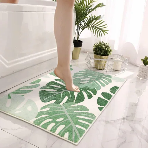 Vista 7 de Lukinbox Tapetes de baño para baño, alfombra de baño antideslizante con hojas verdes, bonita alfombra de baño lavable para puerta de baño