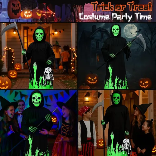 Vista 5 de MEJORMEN Disfraz de parca que brilla en la oscuridad para niños y niños, disfraz de fantasma aterrador de Halloween con guadaña, máscara de calavera