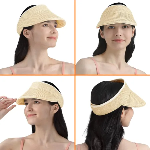 Vista 3 de SUN CUBE Sombrero de visera para mujer, sombrero de playa de ala ancha, paja con protección UV, gorra plegable plegable, visera de verano para cola