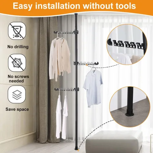 Vista 5 de Hershii - Perchero telescópico para colgar ropa, poste de tensión 4 Tiers Coat Tree Garment Drying Stand Floor to Ceiling Corner Storage Organizer