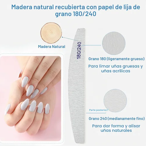 Vista 3 de Limas de uñas (paquete de 12), lima de uñas de madera de grano 180/240, lima de uñas de doble cara de madera Emory para uñas naturales, profesional