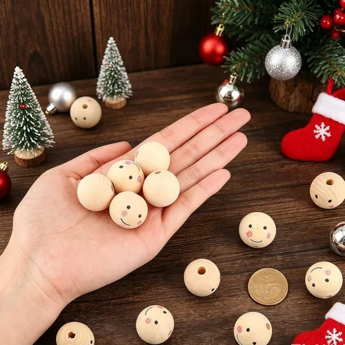 Vista 3 de PH PandaHall 50 cuentas de madera de 1 pulgada, cuentas de madera natural, cuentas de madera sueltas, bolas de madera con cara pintada para árbol