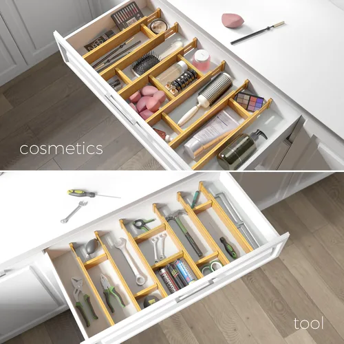 Vista 5 de EcoFives Separadores de cajones de bambú ajustables con insertos, organizador de cajones expandible con resorte para cocina, ropa, herramientas