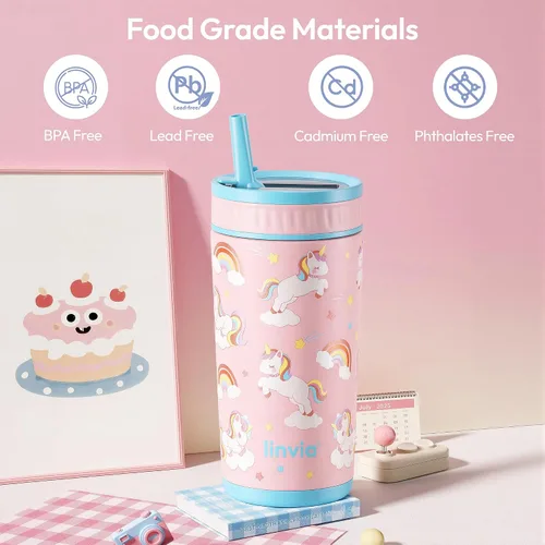 Vista 3 de Vaso aislado para niños de 16 onzas, botella de agua con tapa con Unicornio Rosa