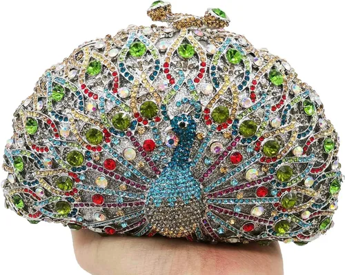 Vista 8 de Boutique De FGG Bolsos de mano con diamantes de imitación de pavo real para mujer, bolsos de noche para bodas, fiestas, bolsa de mano de cristal