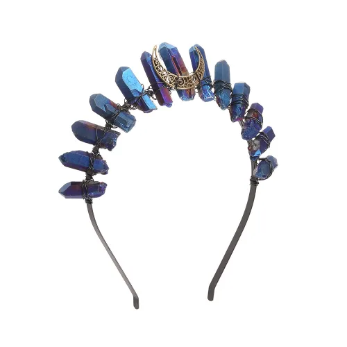 Vista 14 de Bubbmi Diadema de tiara negra de cristal crudo, cuarzo natural, luna, diosa, bruja, moda, banda para el pelo para fiesta de cosplay Wiccan