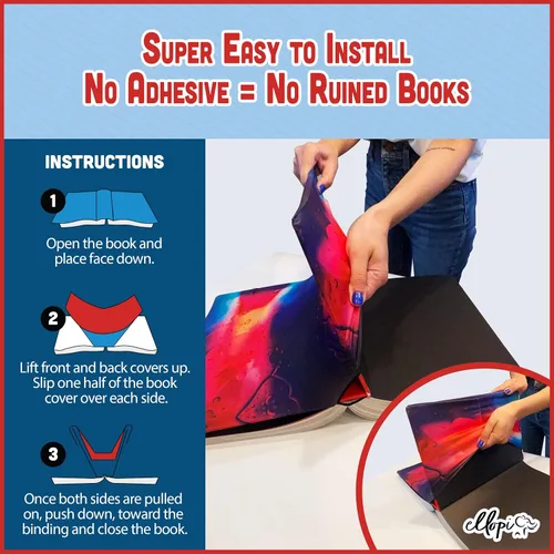Vista 4 de Paquete de 6 fundas elásticas para libros fáciles de aplicar. 3 chaquetas grandes sólidas y 3 diseños para libros de texto de tapa dura de hasta 9 x