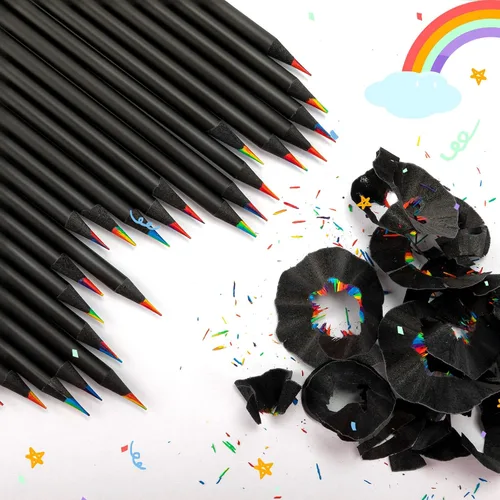 Vista 3 de Teling 100 lápices de arcoíris para niños, 7 en 1, lápices multicolor de madera negra arcoíris a granel, suministros de arte para la escuela, aula