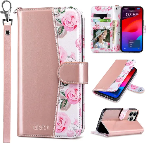 Vista 10 de ULAK Funda tipo cartera compatible con iPhone 15 Pro con tarjetero y diseño de flores, para mujeres y niñas, piel sintética, con función atril