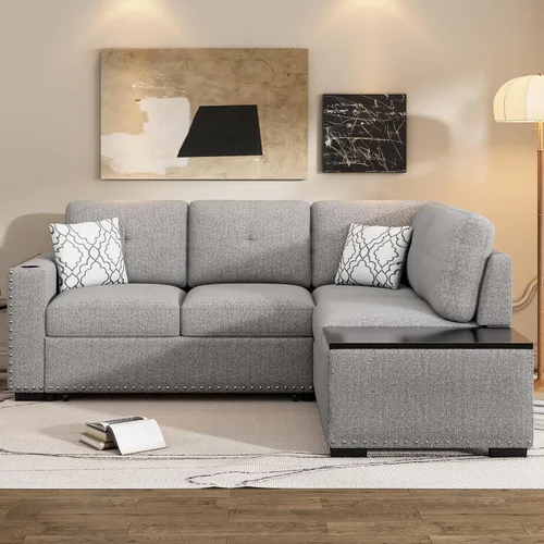 Vista 12 de Moderno sofá cama extraíble de lino con reposacabezas ajustable y carga inalámbrica, sofá esquinero en forma de L de 96 pulgadas, sofá modular