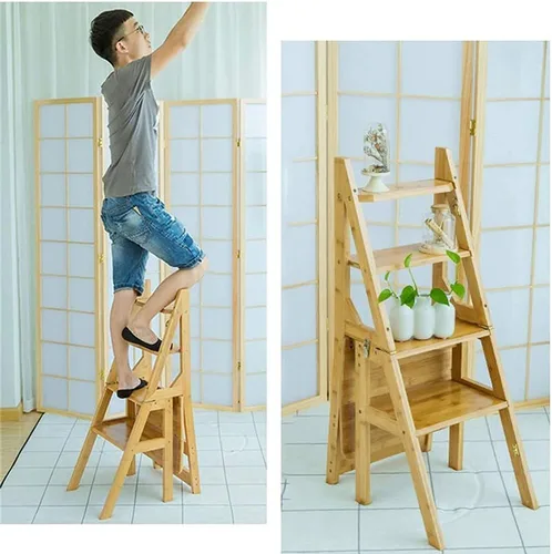 Vista 4 de Taburete plegable de madera, silla de escalera portátil, silla de escalera multifunción, silla de escalera para biblioteca del hogar, máximo 4 Negro
