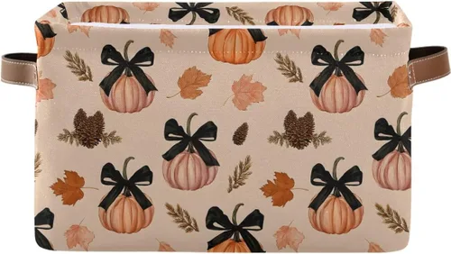 Vista 23 de Cesta de almacenamiento sin costuras de Halloween, bolsa organizadora plegable de tela de calabaza amarilla con asas, 15 x 11 x 9.5 pulgadas