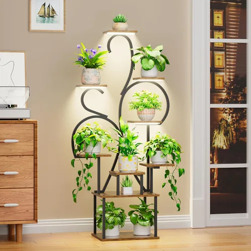 Vista 4 de POZILAN Soporte para plantas de interior con luces de cultivo, estante de esquina de 55 pulgadas de alto, estante de luz de cultivo de 9 niveles