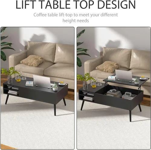 Vista 7 de Mesa de centro moderna con tapa elevadora con almacenamiento oculto para sala de estar, mesa de piso con elevador, mesa central de madera
