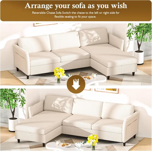 Vista 4 de Valthie - Sofá seccional convertible, sofá de terciopelo en forma de L con chaise reversible y almacenamiento, sofá de 3 plazas con bolsillo lateral