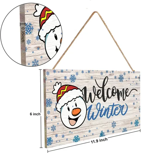 Vista 2 de Letrero de bienvenida de invierno, decoración rústica de madera para pared y puerta, muñeco de nieve impreso y copos de nieve, 11.9 x 6 pulgadas