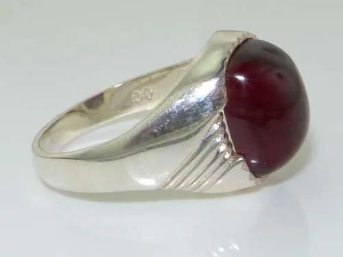 Vista 5 de Anillo de plata de ley 925 maciza con cabujón creado en rubí para hombre tamaños 6 a 13 disponibles
