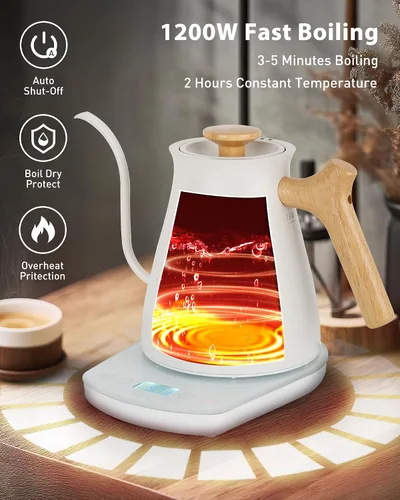 Vista 6 de Harriet Hervidor eléctrico de cuello de cisne, calor rápido de 1200 W, acero inoxidable de 0.8 L, control de temperatura de precisión y Blanco