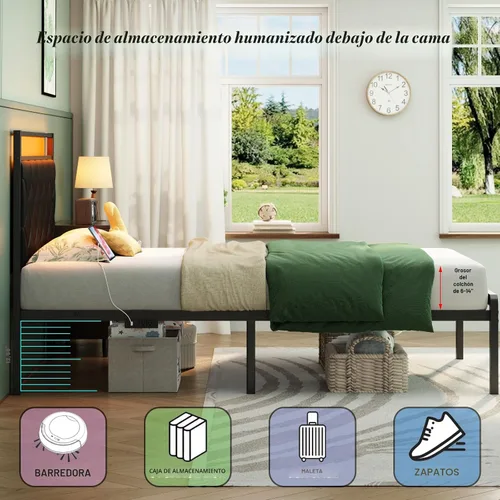 Vista 7 de Base de cama individual con estación de carga, luz LED y cabecera tapizada de piel sintética, base de cama de plataforma con almacenamiento debajo