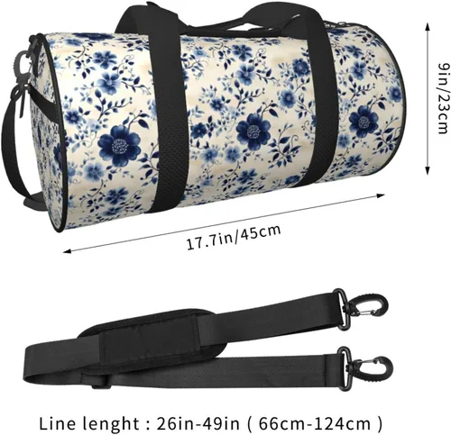 Vista 2 de Large Duffle Bag for Travel - Retro Blue Flower Print Gym Bag for Women Men, Travel Foldable Bags for Women Men with Zippered Multiple Pockets
