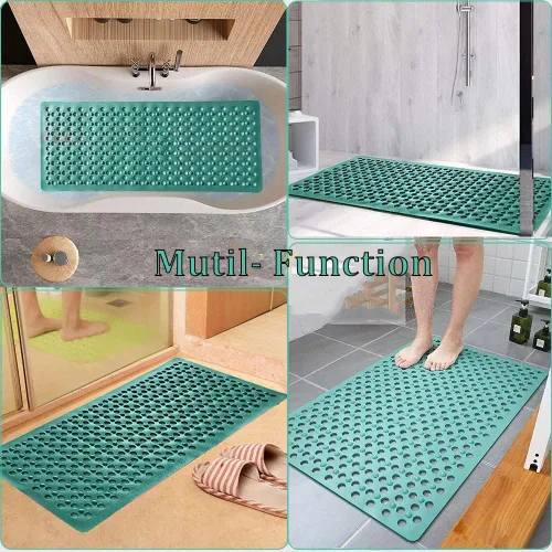 Vista 2 de Tapete de ducha antideslizante de 40 x 16 pulgadas, diseño de agujero de burbuja de aire grande, sin acumulación de agua para bañera y baño (verde)