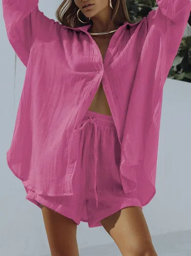 Vista 4 de Fixmatti Conjunto de 2 piezas para mujer, blusa de manga larga con botones y pantalones cortos