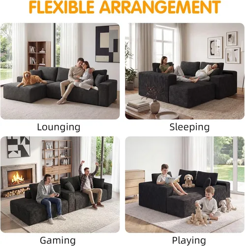 Vista 5 de Sofá seccional Cloud de 104 pulgadas con diván en forma de L, moderno sofá modular seccional de pana, sofás sin hueso para sala de estar y Negro