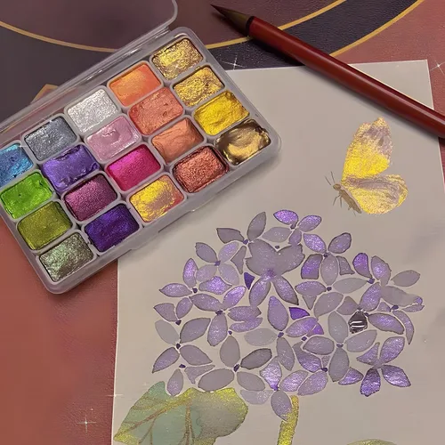 Vista 2 de Juego de pintura de acuarela metálica de 20 colores con purpurina, modelo metálico nacarado sólido, kit de arte de viaje para pintar sobre la marcha