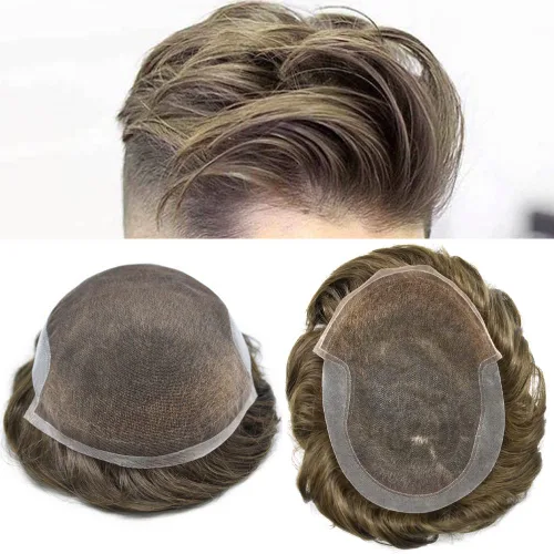 Vista 25 de Tupé para hombre Remy pieza de cabello humano para hombres encaje tupé para hombres nudo blanqueado sistema de reemplazo de cabello para hombre #1
