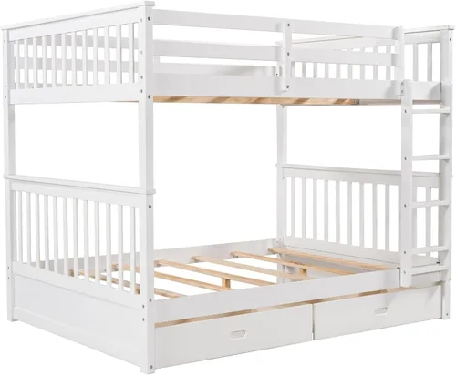 Vista 5 de Literas de tamaño matrimonial sobre matrimonial, marco de cama de madera, marco de cama de plataforma blanco completo, marco de cama de madera