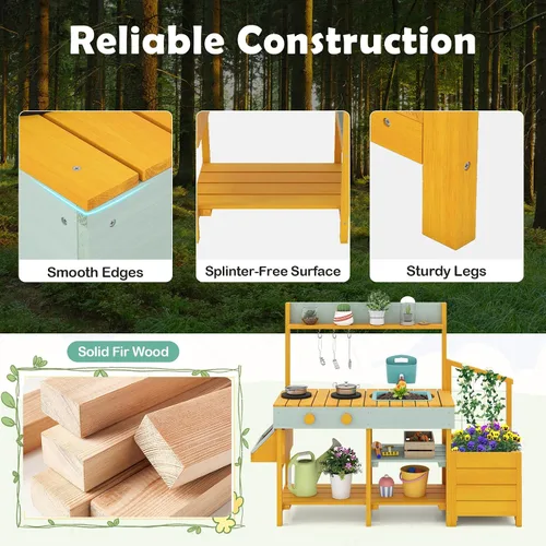 Vista 2 de Costzon Cocina de barro, banco de madera para macetas para niños con grifo extraíble, fregadero, estufas, pomos de rotación, cajas para macetas