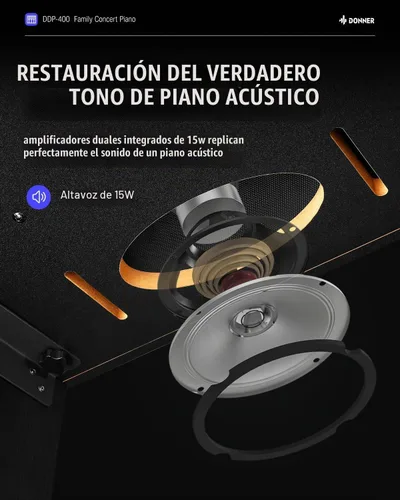 Vista 6 de Donner DDP-400 - Piano digital con teclado progresivo ponderado de 88 teclas, teclado de piano vertical premium para profesionales, paquete