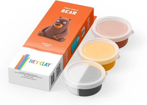 Vista 2 de HEY CLAY Forest Animals - Claymate Bear - Kit de arcilla seca al aire con 3 latas y herramientas de escultura con divertidas instrucciones
