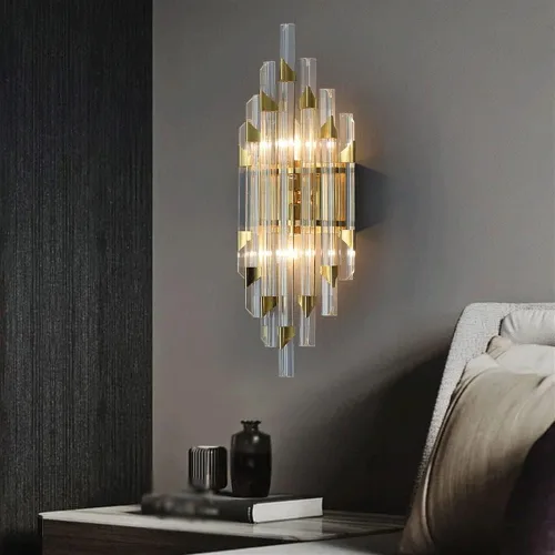 Vista 3 de Moderna lámpara de pared de cristal LED de tres regulables para interiores, lámpara de pared dorada para interiores, compatible con sala de estar