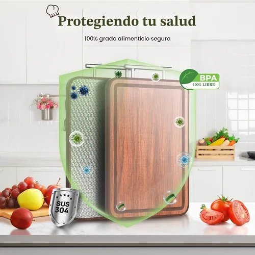 Vista 7 de Tabla de Cortar de Acero Inoxidable y Madera de Doble Cara Tablas de Cortar para Cocina - 2 en 1 Ébano Metal con Mango Resistente a Rayones Carne