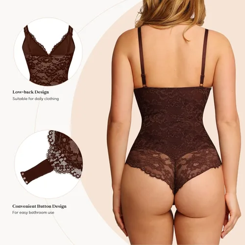 Vista 3 de Popilush Lace Shapewear Bodysuit V Neck Tummy Control Backless Tank Tops Sleeveless Thong Bodysuit