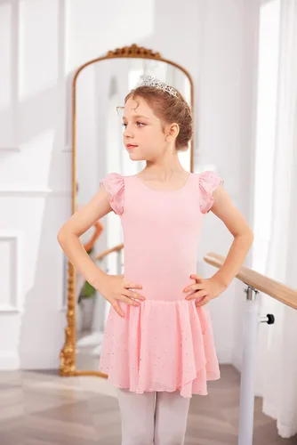 Vista 6 de Arshiner - Vestido de ballet para niñas con mangas con volado malla con falda tutú