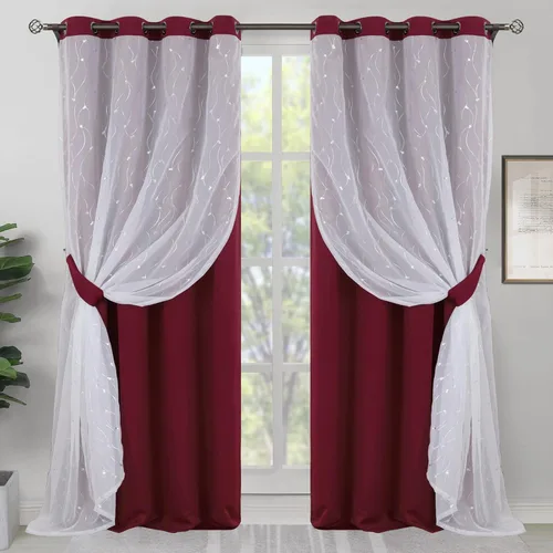Vista 14 de BGment Cortinas de oscurecimiento de habitación con superposición transparente, cortinas de tul estampado plateado de doble capa para sala de estar