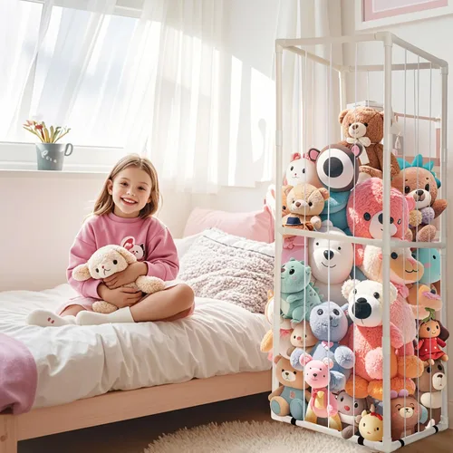 Vista 8 de Almacenamiento de Zoológico de Animales de Peluche - Organizador Alto de Juguetes de Material PVC con Cordones Elásticos y Estante, Casa