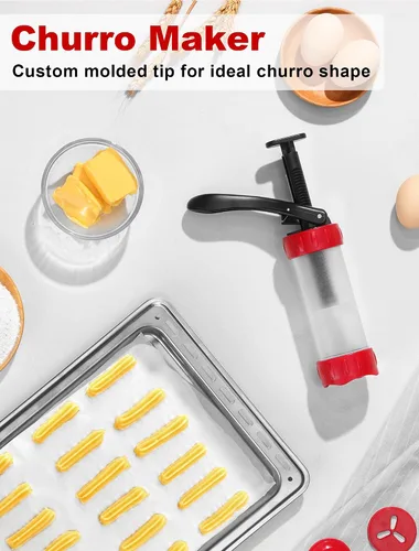 Vista 3 de Juego de prensa para galletas, máquina para hacer churros con 12 moldes y 10 puntas para decorar pasteles, prensa para galletas y churros, rojo