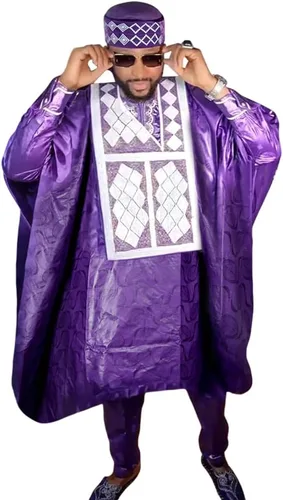 Vista 8 de HD African Bazin Pareja Ropa Tradicional Bordado Agbada Boubou Caftan Set para Hombre Blanco-9939