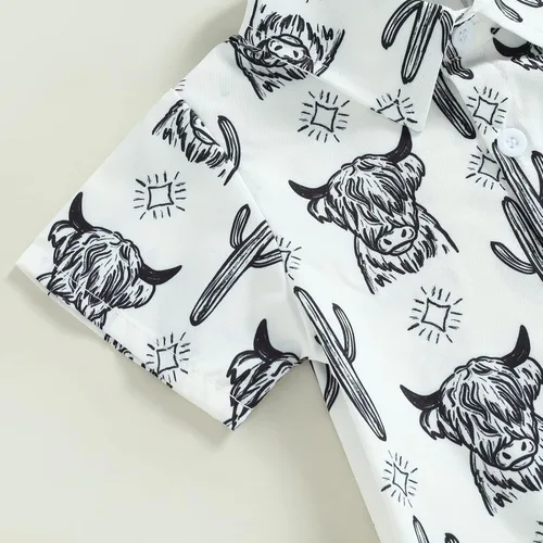 Vista 6 de Ropa occidental para bebé niño, camisa con estampado de vaca, mameluco de manga corta con botones, traje de verano de vaquero