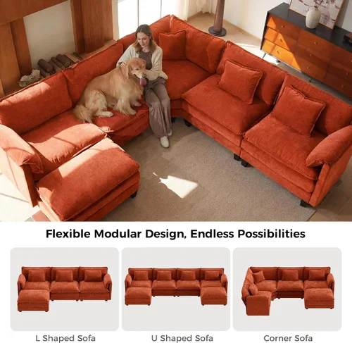 Vista 8 de Sofá modular de gran tamaño de 116 pulgadas, cómodo sofá nube de chenilla, moderno sofá profundo en forma de L de 3 plazas con fundas extraíbles