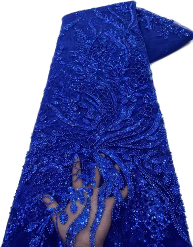 Vista 8 de Tela de encaje africano bordada con lentejuelas, con cuentas de artesanía pesadas y brillo floral, de tul francés, para vestido con cola, 4,5 Negro